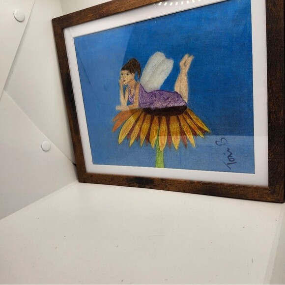 Hand Crafted Fairy On A Flower Colored Pencil Drawing Framed 9x11" - Picture 10 of 14